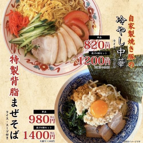 期間限定　自家製焼き豚の冷やし中華＆特製背油まぜそば