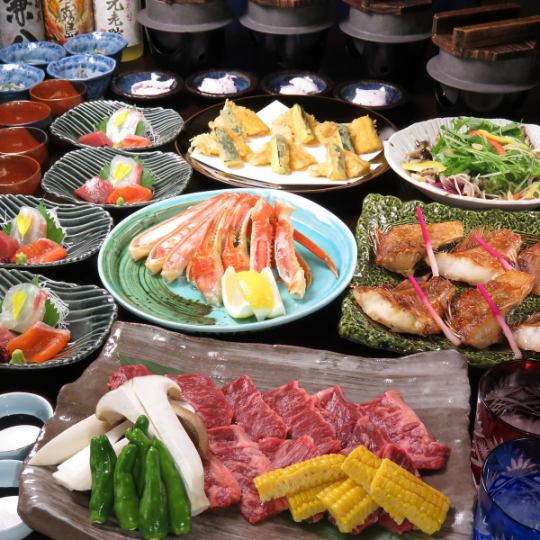 【備前黑毛及牛陶瓷盤烤套餐】日南雞肉天婦羅和嚴選生魚片等共10道菜品4,000日元