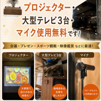プロジェクタースクリーン、マイク、大型テレビ全て無料貸し出し
