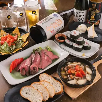 【女子会プラン】牛ハラミorローストビーフ＆アヒージョ含む全5品＋2H飲み放題付き