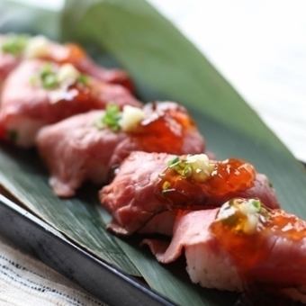 ★アサヒ樽生★ 名物炙り和牛肉寿司付 ★～【花炎 9品＋3h飲み放題付】5300円⇒４４００円