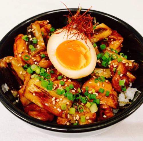 Charcoal-grilled yakitori bowl topped with soft-boiled egg