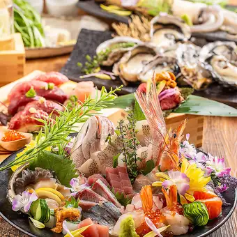 【3H飲放】鮮魚のお造り五種盛り×鮭ハラス焼きや博多串焼き「海宴」全10品6580円⇒5500円