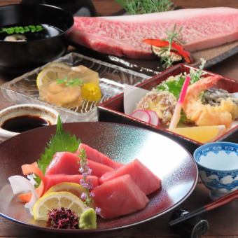 [Saga Prefecture Kuroge Wagyu Beef Sirloin Steak] Complete individual course! 3 types of fresh sashimi & tempura etc. 7 dishes total 6000 yen