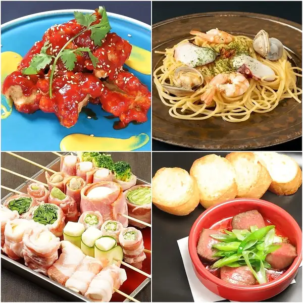 Japanese food / Western food / Vegetable and meat rolls / Creative kushikatsu (deep-fried skewers) / Spice dishes / Beef tongue / Horse sashimi / Sashimi / Braised pork belly / Ajillo / Pizza / Pasta too!