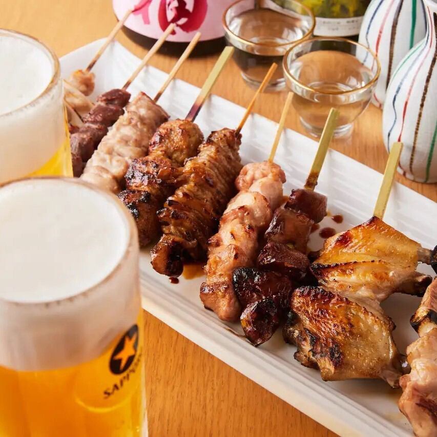 平日限定★炭火焼き鳥盛り合わせ食べ放題＆ビール付き飲み放題！
