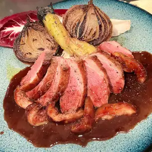Roasted duck with fig and red wine sauce