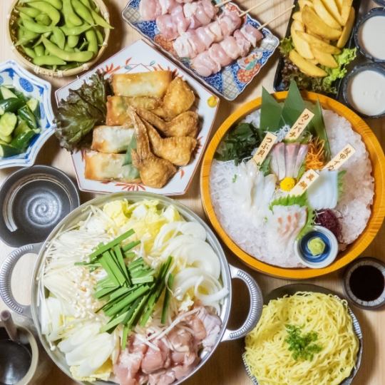 板長厳選刺身4種盛り!笑衛門名物鶏塩ちゃんこ鍋!お料理全10品 +120分飲放付き6000円⇒5000円