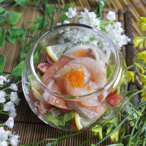 紅鯛魚和鮭魚生牛肉片