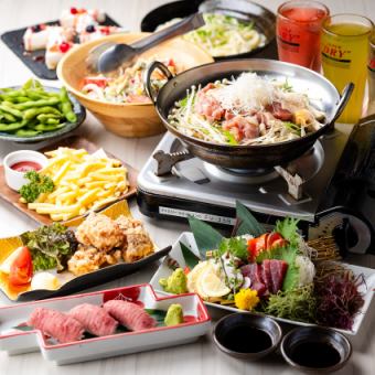 生ビール付3時間飲み放題【豪華コース】鶏すき焼き鍋やつくね2種盛りなど全10品6480⇒5,480円