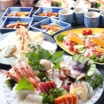 寿司、时令食材、陶瓷烤肉（春秋季）、火锅（冬季）等6种菜肴【4400日元套餐】（含税，仅限食物）