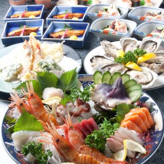 寿司、生鱼片拼盘、陶瓷烧烤（春秋季）、火锅（冬季）等7道菜【6,600日元套餐】（含税，仅限食物）