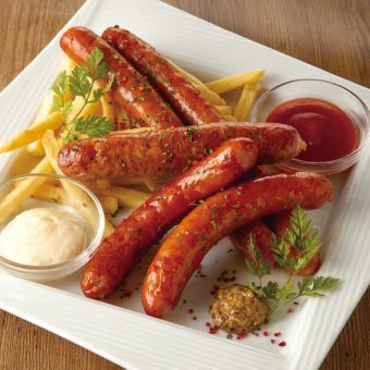 Assorted 3 types of sausages and fries