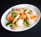 Fried monkfish and vegetables with seafood sauce