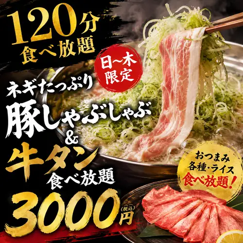 ネギ山盛り豚しゃぶと牛タンが食べ放題