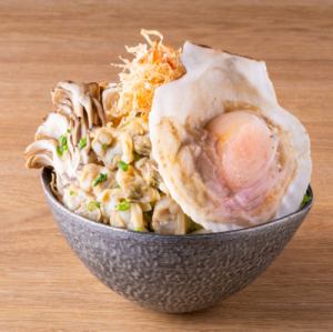 Monja with shellfish broth - made with the delicious flavors of scallops and maitake mushrooms in a shellfish broth