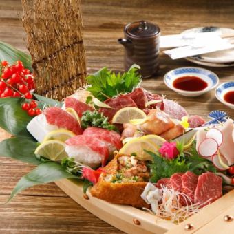 【迎送会】全14种、2小时无限畅饮牛排、马肉生鱼片、5种肉寿司套餐4500→4000日元