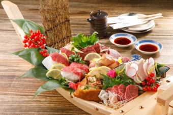 [Welcome and farewell party] All 14 items, 2 hours all-you-can-drink beef steak, horse sashimi, 5 types of meat sushi course 4500 → 4000 yen