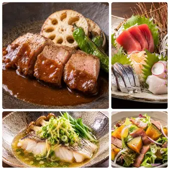 【九月及十月：秋季豐收套餐，含時令魚類及炙烤豬肉 - 3,500日圓（含稅）】（另加1,500日圓可暢飲）