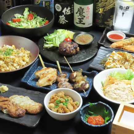 [Popular] 3 skewers of our signature yakitori, Miyazaki-style seared chicken thighs, rolled omelet, and 9 other dishes, 120 minutes of all-you-can-drink for 4,500 yen