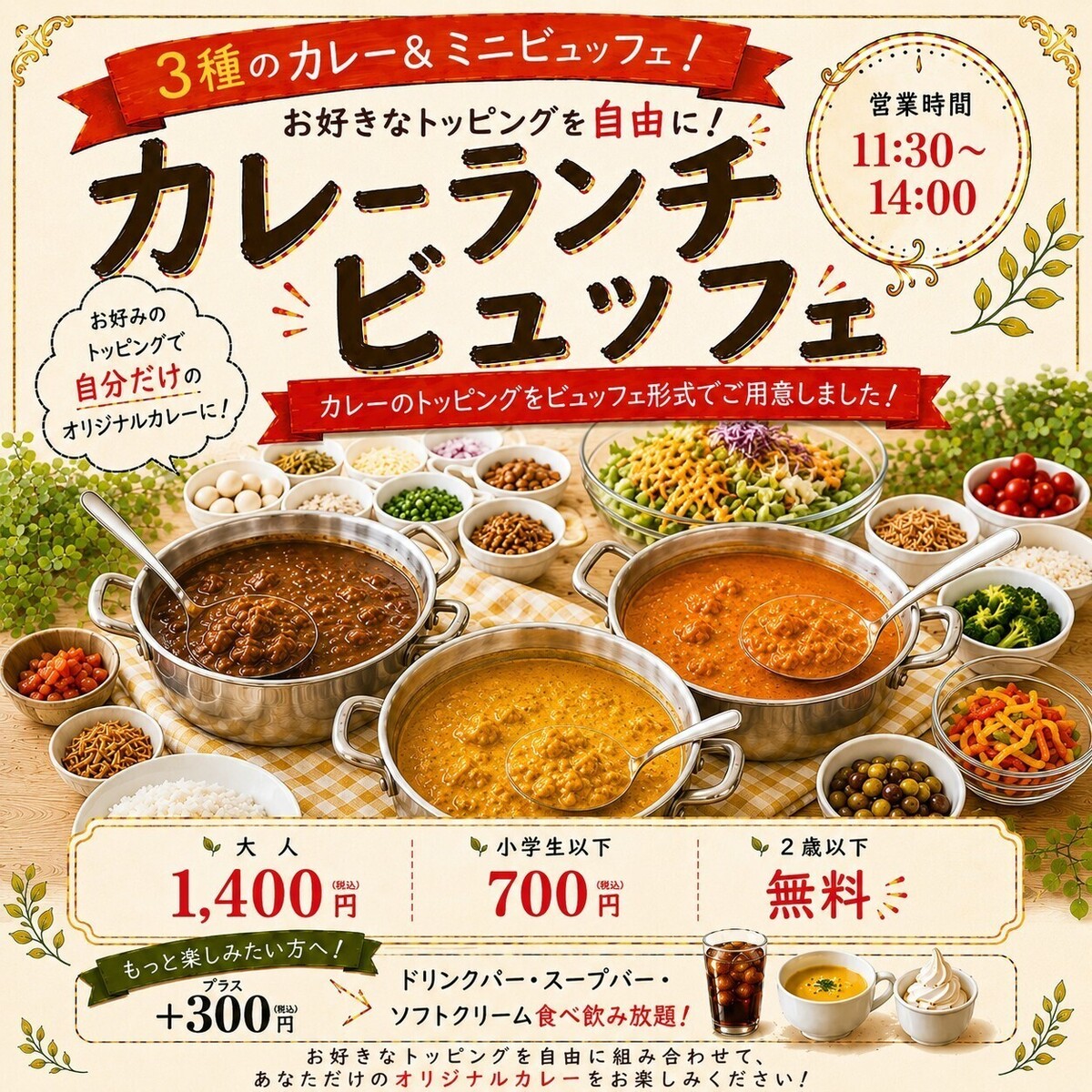 週二至週六營業!三種咖哩午餐自助餐!