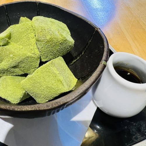 Matcha warabi mochi with brown sugar syrup