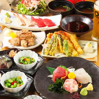 飲み会ご宴会に◎日本酒付きおびれせびれコース】海鮮尽くしの生、角ハイ含む２時間飲み放題付き