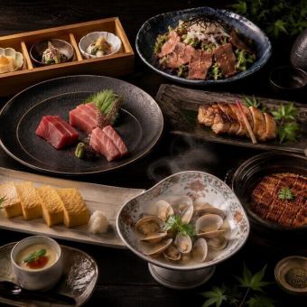 【3小時暢飲】「蓮」餐廳8道菜套餐，包含三種鮪魚刺身拼盤、鰻魚飯、西京味噌烤雞和牛舌 - ¥5920 ⇒ ¥5000