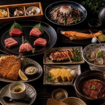 【3小時暢飲】五種藍鰭鮪魚、鰻魚飯、特製炸竹莢魚、鮭魚腩、西京燒雞－共9道菜－¥6880 ⇒ ¥6000