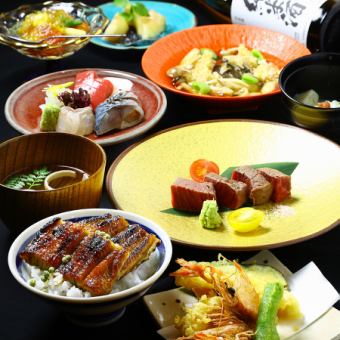 炭烤黑毛和牛柳!四種生魚片、炸安康魚、鰻魚飯等特色菜的人氣套餐。
