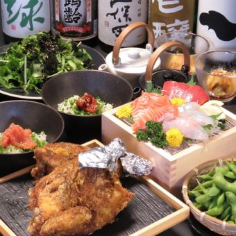 7 dishes including the famous half chicken karaage and yakitori for 4,400 yen with all-you-can-drink for 2 hours!