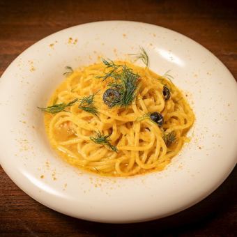 Red sea bream and dried mullet roe peperoncino spaghetti