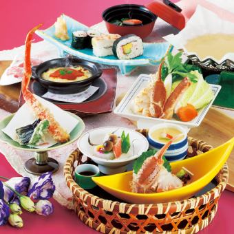 【全套餐午餐】Emika蟹生魚片、蟹壽喜燒小鍋、天婦羅等6道菜共4,400日圓