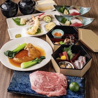 【萬てんはなれ極コース】重箱、天ぷら、気仙沼産フカヒレ姿煮にA4和牛サーロイン等9品8000円