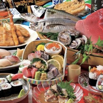 【大晴海名物】刺身3種・明太出汁巻・寿司二貫　全10品飲放題2h付　6,000円→5,000円(税込)