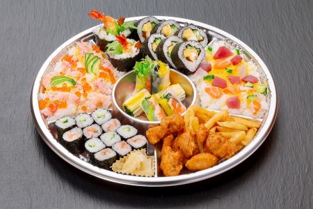 Assorted flower chirashizushi and sushi rolls