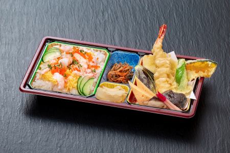 Crab & shrimp chirashizushi and tempura bento