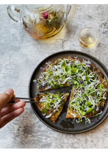 Pissaladière of leek mochi and boiled whitebait