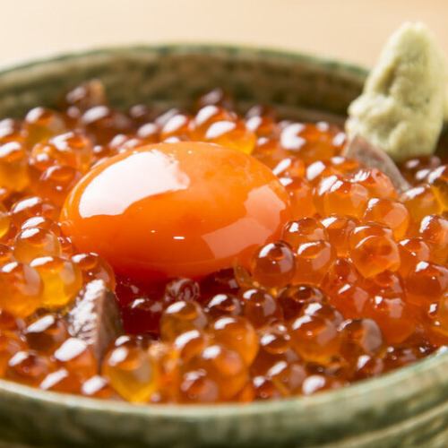 Salmon roe and seafood with egg on rice