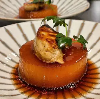 Foie gras, chicken broth, and daikon radish