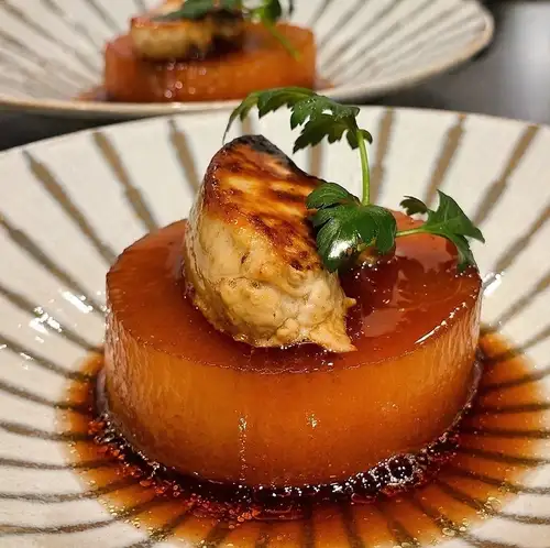 Foie gras, chicken broth, and daikon radish