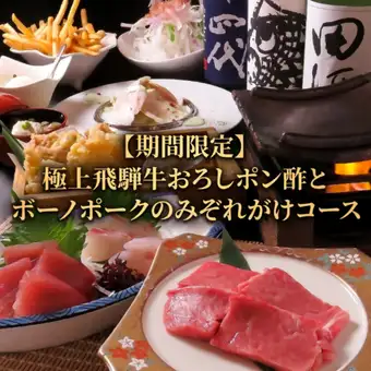 【期間限定】◆2H飲放付◆ 極上飛騨牛おろしポン酢とボーノポークのみぞれがけコース〈全9品〉