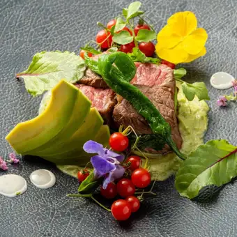 Checkerboard steak and avocado