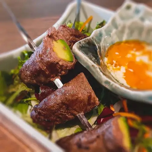 Large Wagyu Beef Skewers with Soft-Boiled Egg and Ponzu Sauce