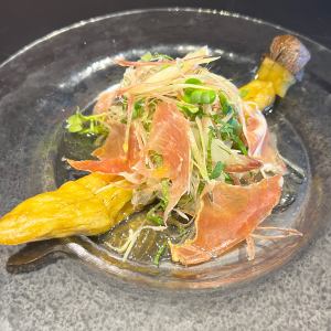 Grilled eggplant and marinated ham