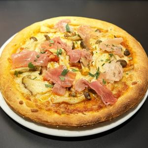 Prosciutto and various mushroom pizza