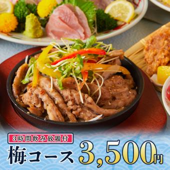3時間飲み放題◆国産鶏のせせり鉄板焼きやお刺身2点盛り等全9品『梅コース』3500円/金土日2時間