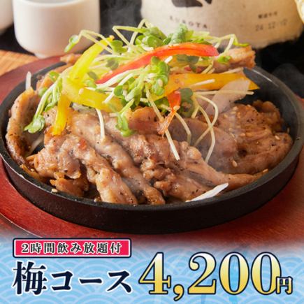 2時間飲み放題◆国産鶏のせせり鉄板焼きやお刺身2点盛り等全9品『梅コース』4200円