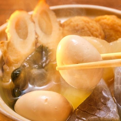 Egg / Konjac / Chikuwa / Deep-fried tofu / Mochi pouch / Burdock root tempura / Hanpen