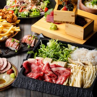 3時間飲み放題付【特選コース】国産牛すき焼き鍋や刺身3点盛りなど全9品　5980⇒4,980円